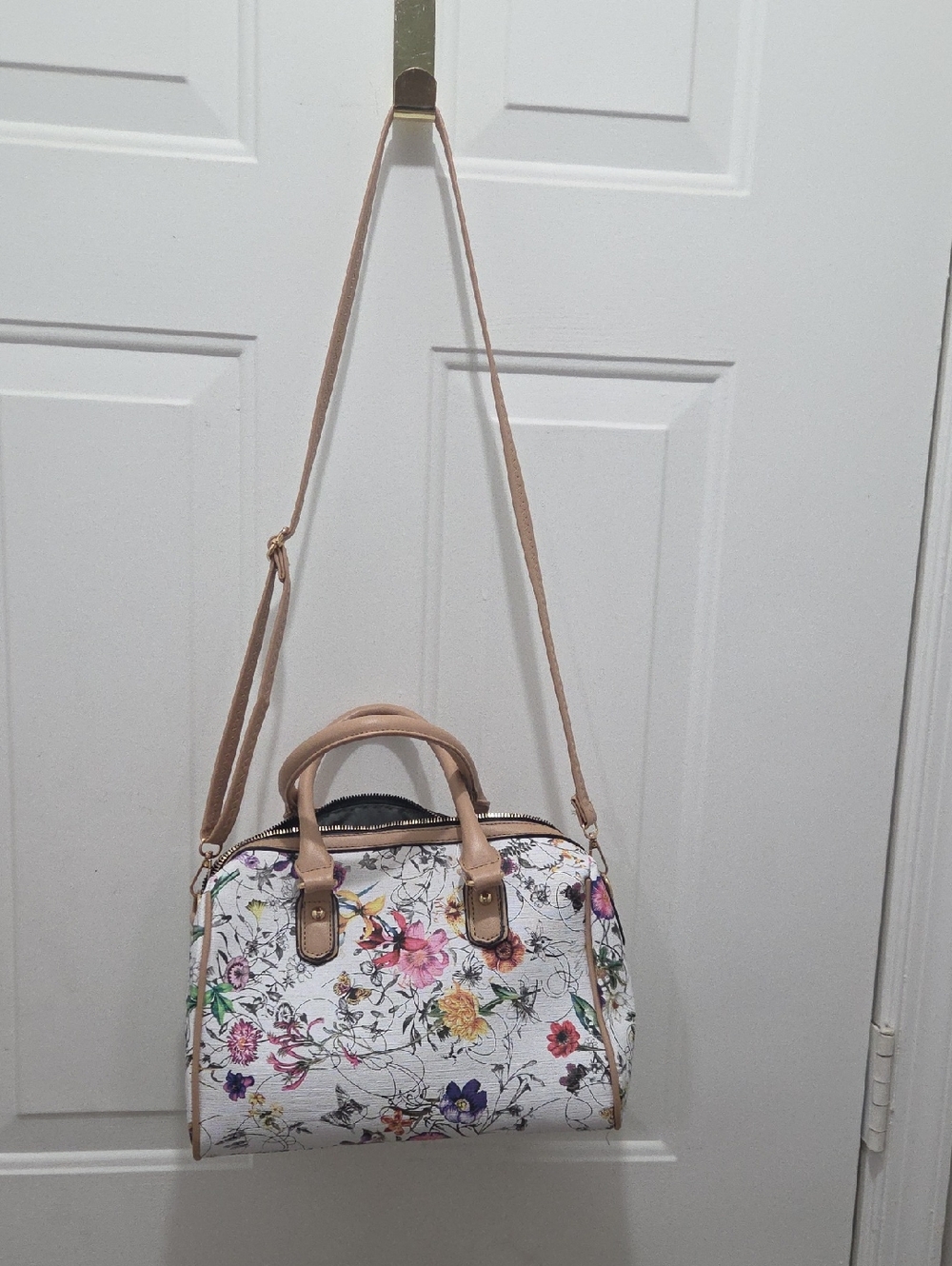 Floral Print Crossbody Satchel - White/Pink Floral with Beige Trim - Picture 2 of 5